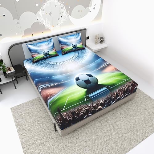 Image of Dream Weaverz 7D Bedsheet for Double Bed King Size with 2 Pillow Covers | Digital Printed & Fitted Elastic for Kids | Soft Glaze Cotton Feel | Fits Upto 12 Inch Mattress (Football Stadium)