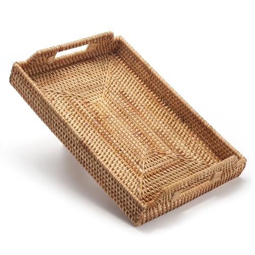 XIMISISE Plateau de Service Rectangulaire en Rotin, Plateau de Service en Osier avec Poignées, Panier de Service Décoratif en Tissé Naturel (43 x 29 x 4.5...