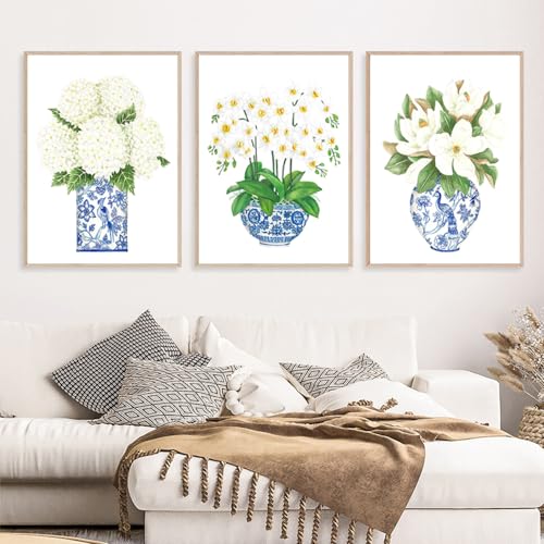 Chinoiserie Wall Art Prints Blue and White Chinese Vase Canvas Prints White Orchid & Pink Peony Watercolor Chinoiserie Canvas Wall Art Oriental Porcelain Art Painting for Home Bedroom Decor Unframed