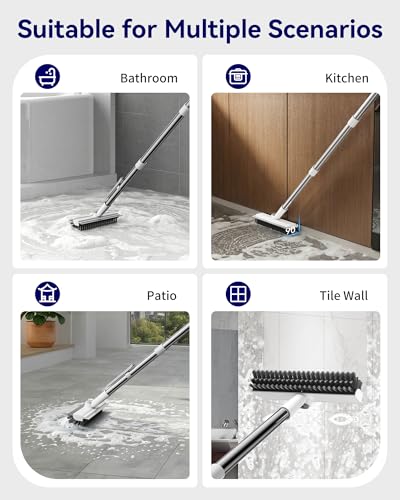 Image of Small Floor Scrub Brush with Length Adjustable Long Handle, 3 in 1 Heavy-Duty Stiff Bristle Scrubber Brush with Squeegee and Tweezer for Cleaning Bathroom, Tile, Deck, Patio, Garage and Kitchen