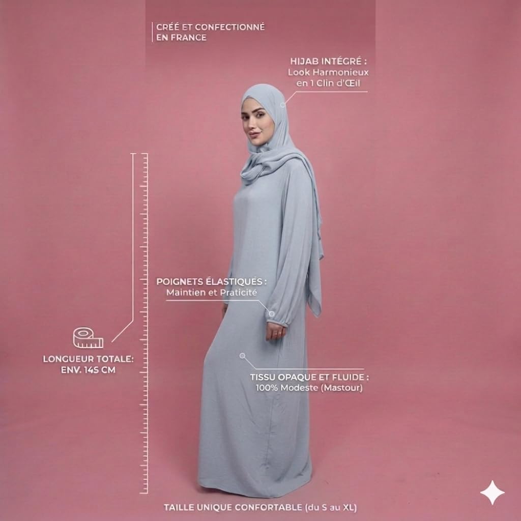Abaya Femme Verte avec Hijab Intégré, Tissu Opaque et Fluide, Taille Unique (S au XL), 145 cm, Fabriquée en France