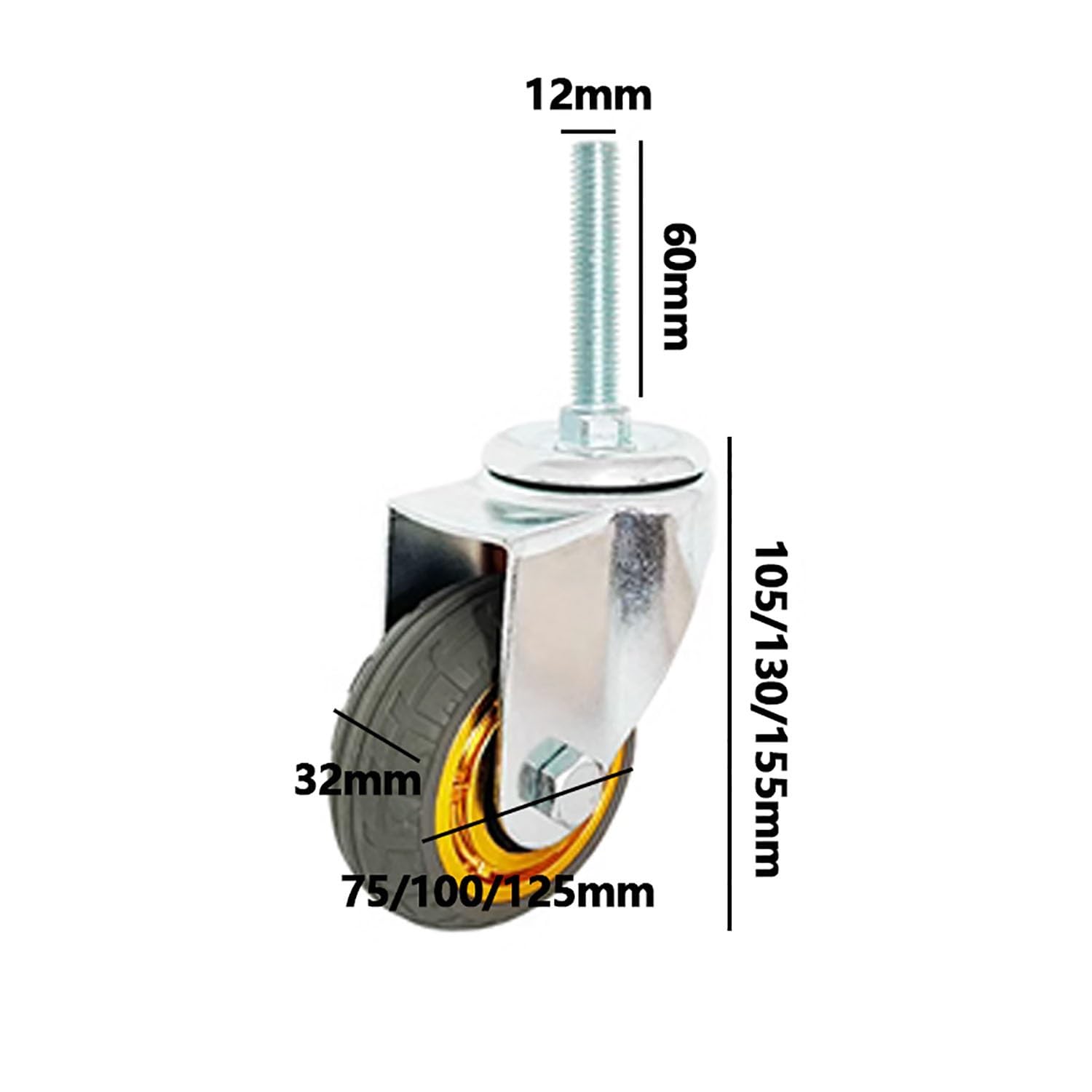 75/100/125mm Rotelle Girevoli con Perno Filettato M12, Ruota Girevole Silenziosa in Gomma Piena con Freno, Ruote per mobili, portante 70kg Set di 4(Swivel,3inch)