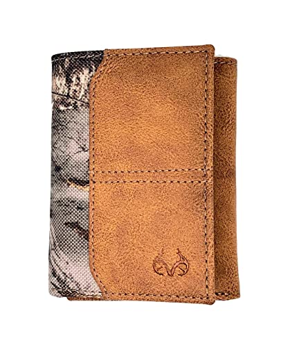 Realtree Camo Slim Card Holder Money Clip Wallets for Men (Edge Camo Burnished Tan Leather Trifold Wallet)