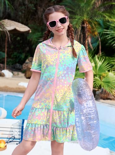 Image of BesserBay Girls Summer Beach Quick Dry Cover Up Ruffle Hem Terry Smocked Hooded 4-14 Years with Pockets