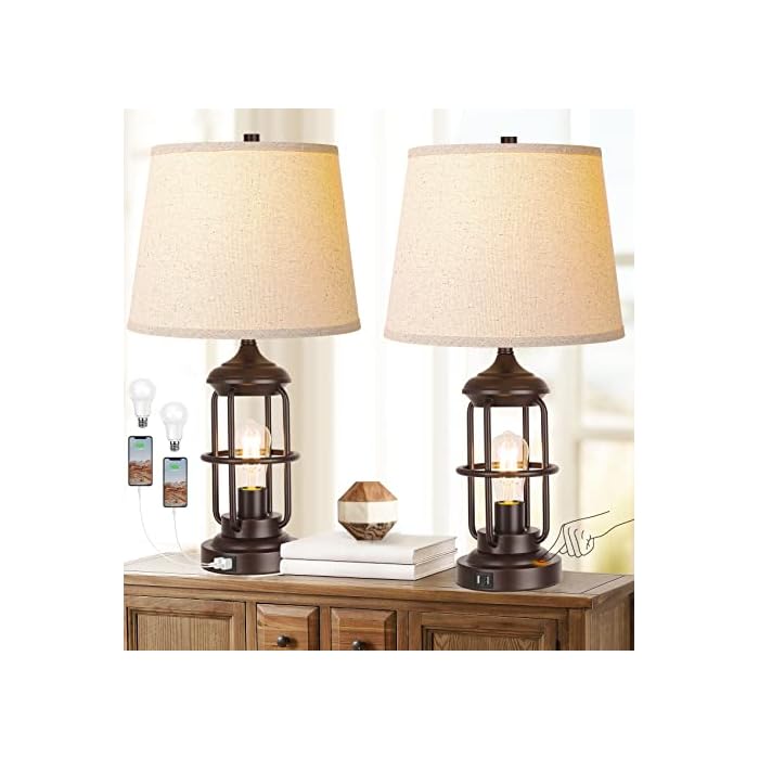 QiMH Table Lamp Set of 2 with USB Ports, Touch Control 3-Way Dimmable Bedside Lamp with 2 LED Night Light, Farmhouse Rustic Nightstand Lamp for Living Room Bedroom Decor (2700K Bulbs Included)
