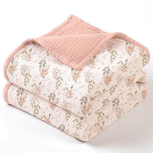 Image of lulumoon Muslin Baby Blanket for Girls: Soft Lightweight Toddler Blanket | Reversible Cotton Floral Crib Blanket for Daycare - 47x47in Breathable Baby Swaddle for Stroller, Travel & Registry Gift