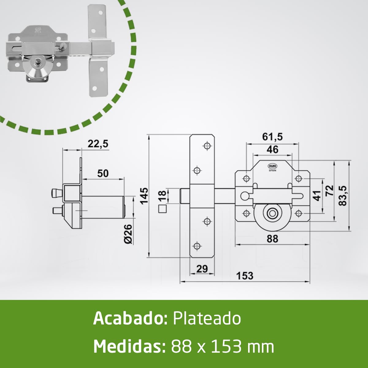 Amig - Cerrojo de Sobreponer para Puertas con Cilindro de Seguridad y Pestillo de Apertura - Acero - Color Plateado - Cilindro 70 mm - Incluye 5 Llaves de Punto - 88 x 153 mm