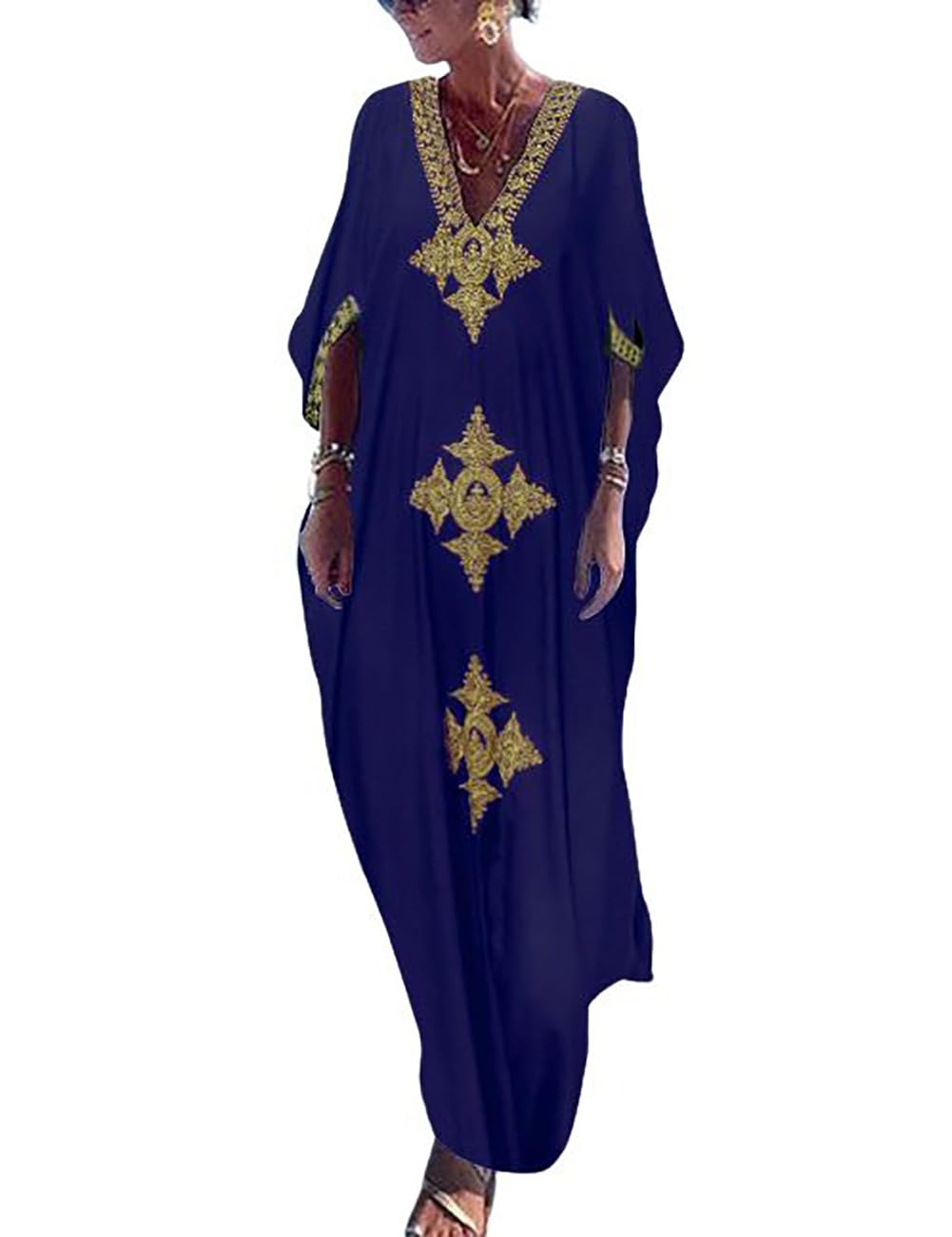 Bsubseach Gold Embroidery Long Kaftan Dresses V Neck Caftan Dress Beach Cover Ups for Women Embroidery