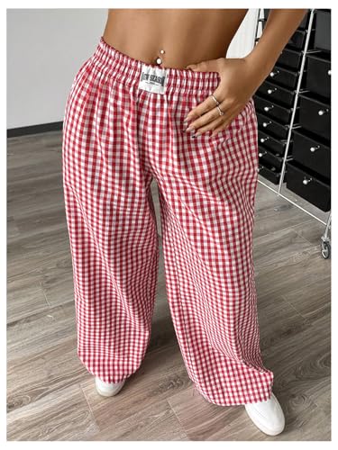 SweatyRocks Women's Plus Size Elastic High Waist Gingham Plaid Lounge Pants Casual Long Trousers4