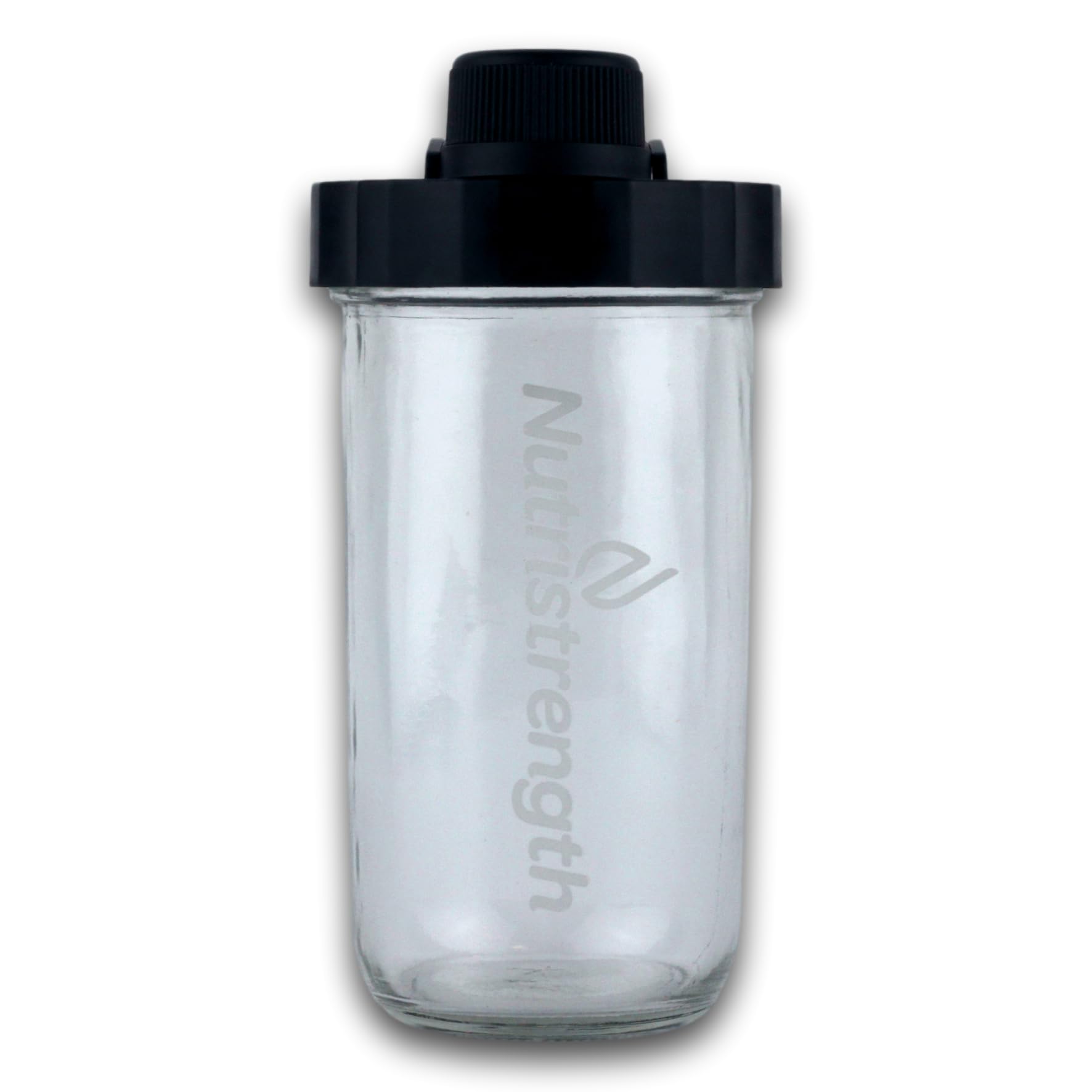 – Protein Shaker Cup Water Bottle New Lid Design - 20oz Glass Water Bottle Black Lid | Includes Wire Ball for Smooth Shakes