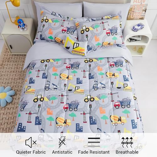 Image of Mooreeke Kids Twin Comforter Sets for Boys 6 Pieces Excavator Grey Bedding Set for Teens Soft Microfiber Kids Bed in A Bag with Comforter, Sheet Set, Shams and Decorative Toy Pillow All Season