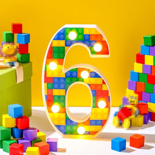 Baquler Building Block Light up Number Birthday Decoration Sign Marquee LED Numbers for Party Lighted Building Block Theme Birthday Party Supplies 8.58''(Number 6)
