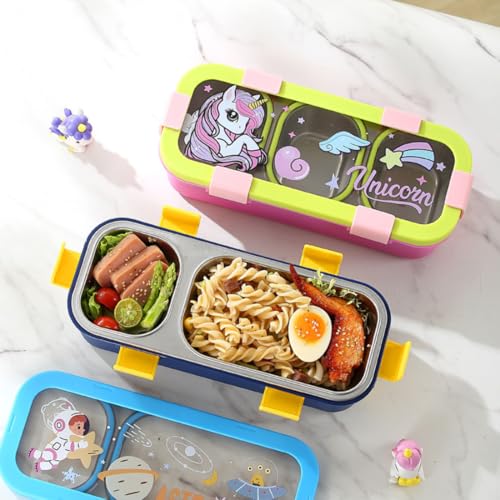 Image of Kids Lunch Box with 3 Compartments | 500ml Astronaut Cartoon Print Stainless Steel Bento Box for School | Leak-Resistant, BPA-Free Food Container Tiffin for Boys & Girls - Blue