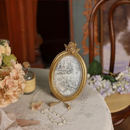 Image of NIKKY HOME Vintage Picture Frame 4x6, Retro Gold Photo Frames Tabletop and Wall Mount, Oval Photo Frame with Stand and Glass Front for Family Portraits Antique Gallery Decor Home Decor