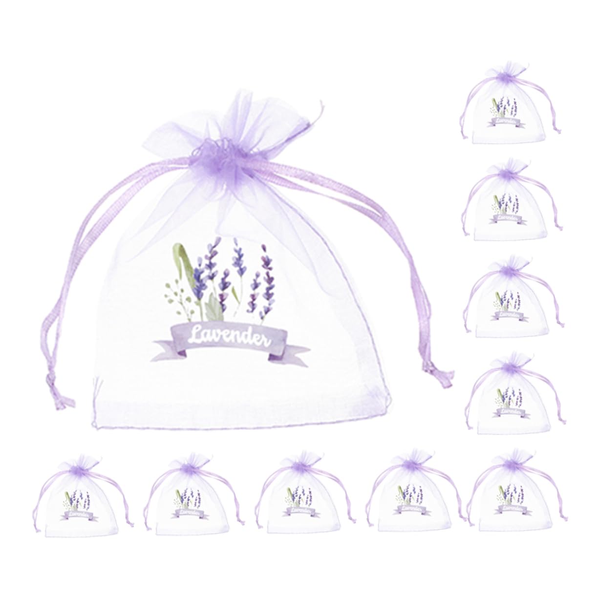 OFFSCH 10pcs Light Organza Bags Drawstring Sachets for Lavender Spice Herbs Elegant Wedding Favor Bags Charming Lavender Design for Present Decor