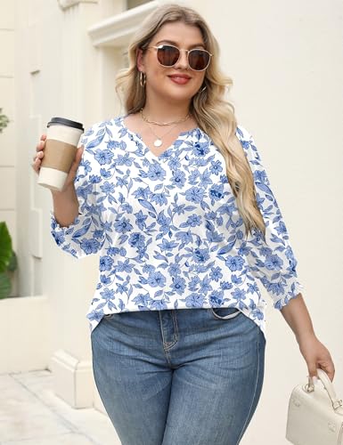 Rapbin Womens Plus Size Tops 3/4 Sleeve Blouses Shirts Casual V Neck Loose Tunic Tops 1X-5X
