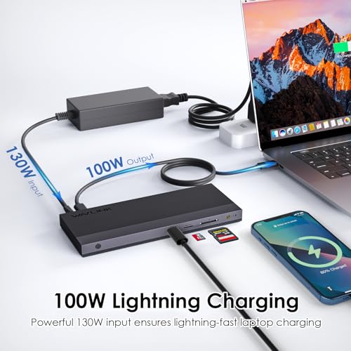 Docking station USB C a triplo display con alimentatore da 100W (65W PD), USB C Dock Hub, docking station 13 in 1 di tipo C,  - Adattatore con 2 * 4K DP, HDMI, Ethernet, 4 USB3.0, SD/TF, Audio - Hub USB - Immagine 4