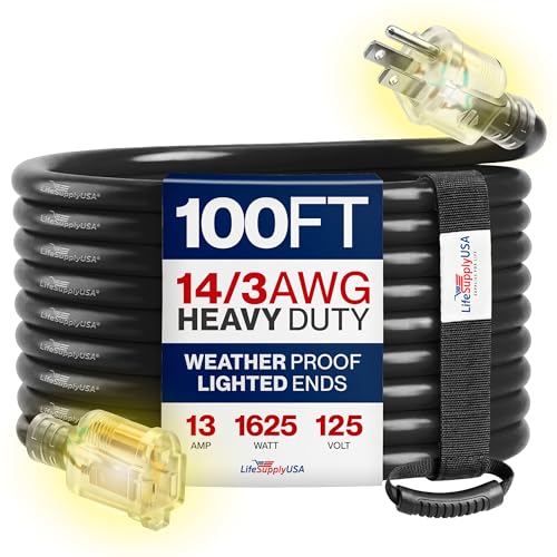 100ft Outdoor/Indoor Extension Cord 14/3 Gauge Heavy Duty 3 Prong SJTW, Waterproof, Flexible Cold-Resistant Long Power Cord,13A 125V 1625W, Black by LifeSupplyUSA