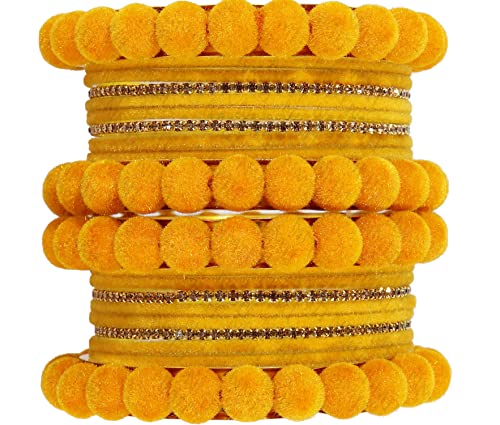 Image of NMII Stylish Metal with Golden Zircon Stone & Velvet Balls Bangles Set For Women and Girls | Fancy Designer Bangles | Short Velvet Chuda Set | Women's Fashion Jewellery