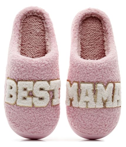 BEST MAMA Fuzzy Slippers for Women Cozy Plush House Shoes Thick Sole Soft Fleece Lined Winter Slippers Christmas Mother's Day Gift Mom Wife Letter Embroidery