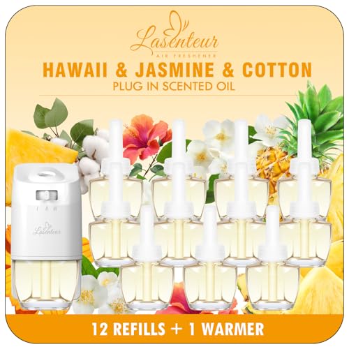 Image of Plug In Air Freshener Starter Kit for Home, 12 Refills + 1 Warmer | Hawaiian, Jasmine & Fresh Cotton Summer Scents for Bathroom, Compatible with Air Wick & Glade, Not Include Glade Plus