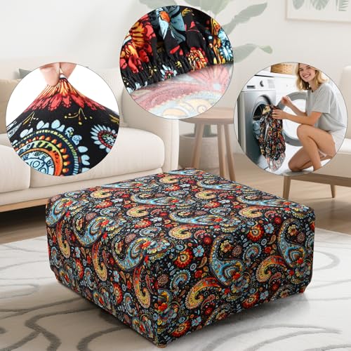 Image of YISUN Ottoman Cover Square, Stretch Printed Ottoman Slipcover Square, Thick Storage Ottoman Covers Washable Footrest Stool Cover Protector with Nonslip Elastic Bottom