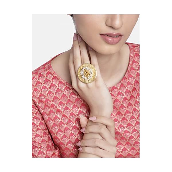 I Jewels Gold & Silver Plated Ethnic Adjustable Brass Finger Ring Embellished With ghungroo and pearl (FL220-1) - Image 3