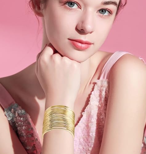 Miniatura 2 de 8 pulseras para mujer, pulseras de alambre ancho abierto, pulsera dorada