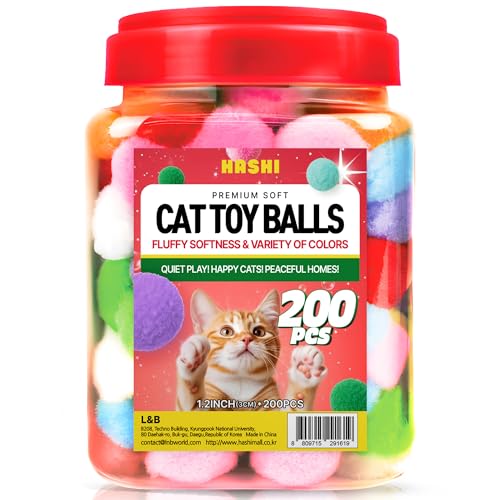 HA SHI [200pcs in Sturdy Jar] 1.2 Inch Soft Plush Cat Toy Balls - Perfect Size Interactive Fetch Toys for Indoor Cats Quiet Night Play Assorted Colorful Fuzzy Poms for Kittens
