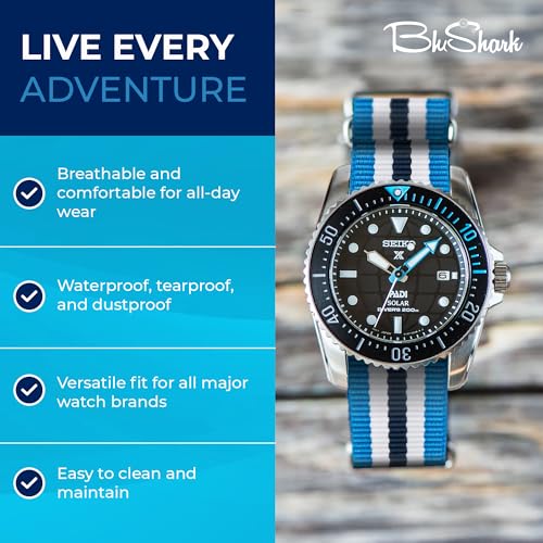 Image of BluShark - Original Collection Military-Style Waterproof Watch Strap, Fits All Timepiece Brands, Durable Nylon Wristwatch Accessories with Stainless Steel Buckle - 18mm, 20mm, 22mm & 24mm Watch Bands