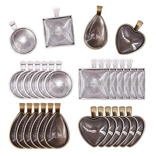 72 Pièces Plateaux à Pendentifs Avec Cabochons Verre - Ronds, Ovales, Carrés Argent/Bronze Pour Bijoux DIY