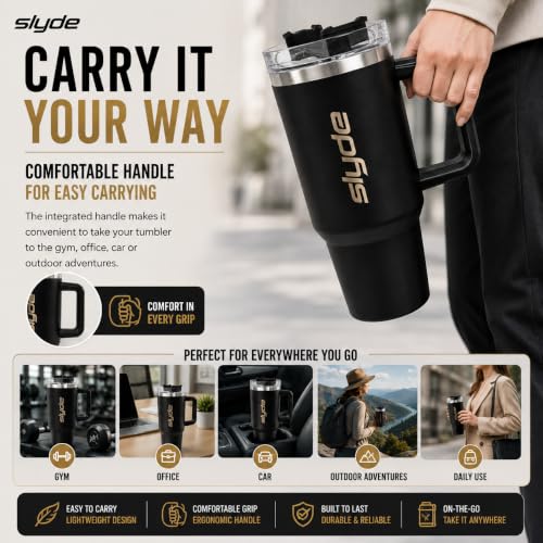 Image of Slyde 1200ml Stainless Steel Insulated Tumbler with Handle | Double Wall Vacuum Travel Mug | Leakproof Lid | Includes 2 Straws (1 Stainless Steel & 1 Plastic) | BPA Free Black