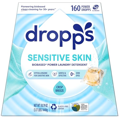 Dropps Sensitive Skin Laundry Detergent Pods, Crisp Breeze (160 Count) – Dermatologist Tested Laundry Pods – HE Compatible Laundry Supplies for Clean Clothes, Vegan & Dye-Free