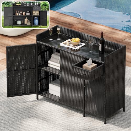 47.5' Weatherproof Outdoor Wicker Storage Cabinet with Tempered Glass Top for Patio, Rattan Bar...