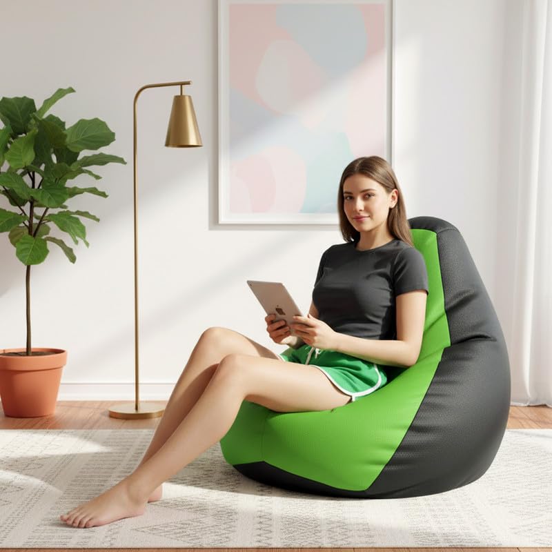 Image of Biggie Bean Bag 3XL Bean Bag Chair with Beans Filled-Perfect for Living Room,Bedroom,Study-Sale Design(Regular-Black Pea-Green)-Faux Leather