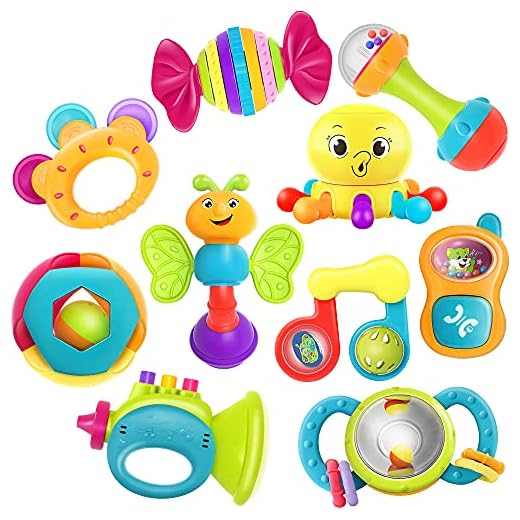 iPlay, iLearn 10pcs Baby Rattles Toys Set, Infant Grab N Shake Rattle, Sensory Teether, Early Development Learning Music Toy, Newborn Birthday Gifts for 0 1 2 3 4 5 6 7 8 9 10 12 Month Babies Boy Girl