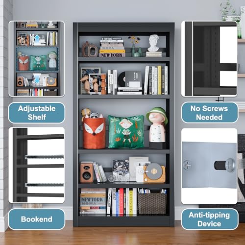 Bookcase, 5-Shelf Industrial Bookshelf, Large Storage Space, Adjustable Bookshelves, Perfect for Living Room, Home Office, Garage, Ideal for Home Office Upgrade - Image 5