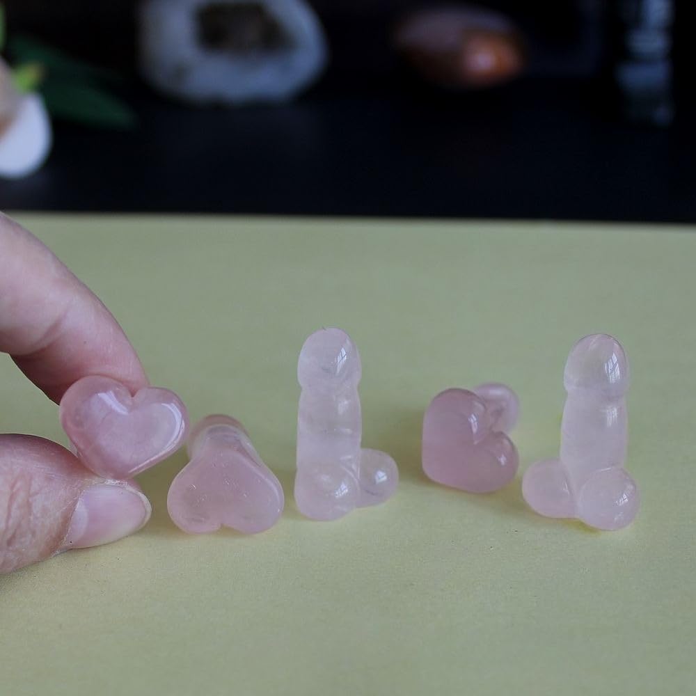 5pcs Mini Carved Rose Quartz Crystal Gemstone Man genital Penis Testicle Figurine Statue Heart Lovely Pocket Stone Lover Gift 1''