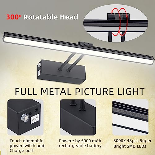 Image of Picture Light,Battery Art Lights for Wall,Wireless Remote Painting Light with Timer and Dimmable,13 inchMetal Display Lighting for Artwork,Portrait,Gallery-Black