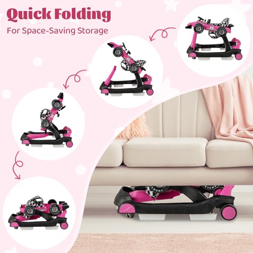 Image of GLACER Foldable Baby Walker, 4-in-1 Infant Walker with Adjustable Height & Speed, Music, Light, Steering Wheel & Washable Cushion, Baby Walker Activity Center for Boys Girls 6 -18 Months (Pink)