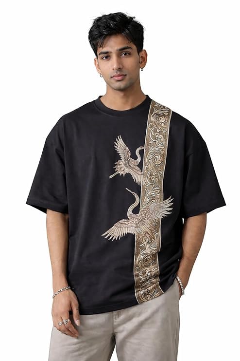 Image of Men's Oversized Black T-Shirt with Crane Bird and Floral Embroidery, Casual Streetwear