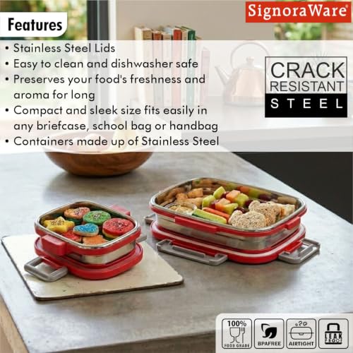 Image of SignoraWare Quickmeal Stainless Steel Big Lunch Box,(900ml+160ml, Red), Airtight & Leakproof, Portion Control, Easy to Carry, Ideal for Office, School, Kids & Travel