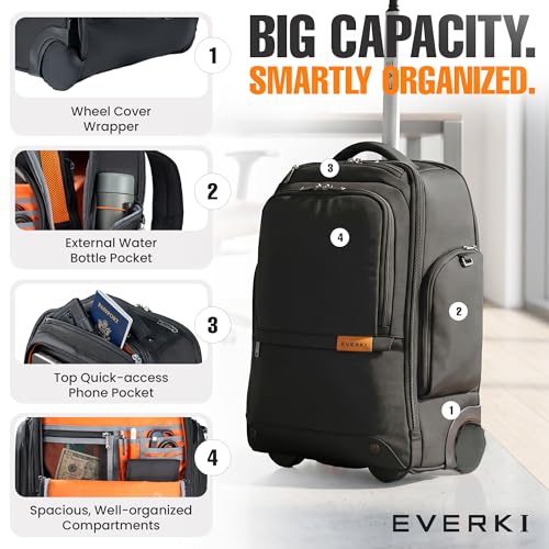 Image of EVERKI 123 Wheeled 32L Laptop Backpack - Rolling Backpack for Men & Women - Carry-On Travel Roller Backpack for Laptops - Fits 15.6 to 16 Inches with Replaceable Wheels for Business & Work - Black