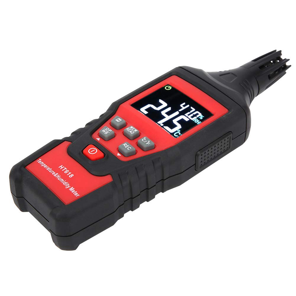 Medidor de temperatura y humedad Sensibilidad digital Pantalla LCD dual portátil HT618 para oficina en casa Invernadero Uso en interiores y exteriores Plástico 180x60x33 mm
