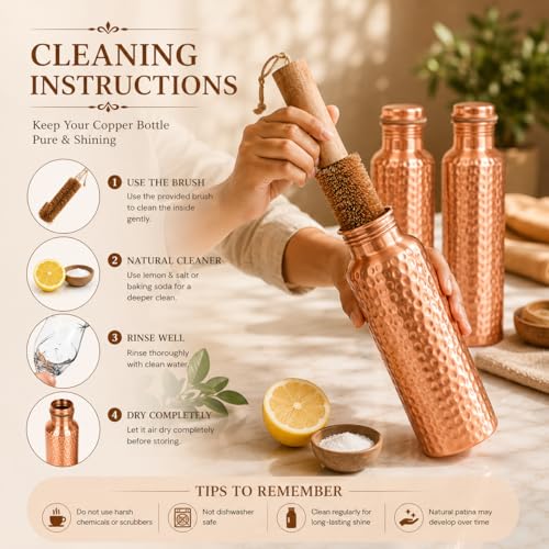 Image of 100% Pure Copper Water bottle 32 Oz with Cleaning brush, Hammered Design | Drink More Water, Lower Your Sugar Intake And Enjoy the Health Benefits Immediately (1 Brush +3Bottle)