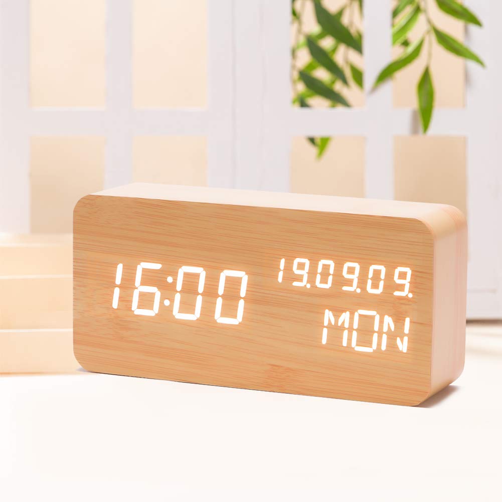 Digital Wooden Alarm Clocks for Bedrooms with LED Large Display, 3 Alarm Setting and Humidity Temperature Detect, Adjustable Brightness Voice Control with USB Battery Powered for Study/Office - Bamboo