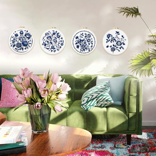 Image of FREEBLOSS 4 Set 12'' Embroidery Kit for Beginners Indigo Flowers Border Pattern Embroidery Kit with Instructions Full Kit of Embroidery Cloth 2 Embroidery Hoops Indigo Blue Series Flosses