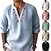 YSERB Men's Henley Shirt Cotton Linen Beach Hippie Shirt Long Sleeve African Print Shirts Embroidered Casual Beach T Shirts Pink