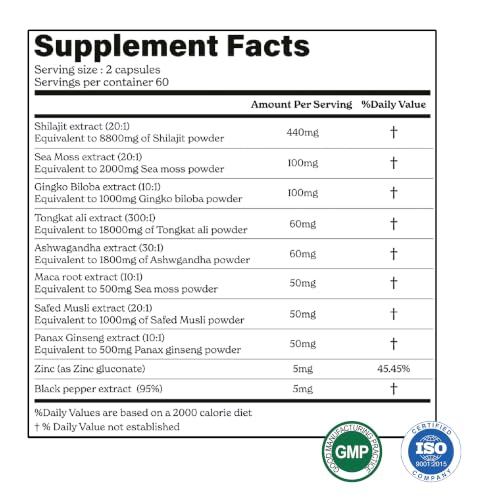 Image of 8800mg Shilajit, Maca Root,Ginkgo Biloba, Sea Moss,Ashwagandha,Tongkat Ali ,Panax Ginseng,Safed Musli & Zinc| Boost Stamina & Energy,20 Capsules| 95 + minerals|All in One Supplement for Men & Women