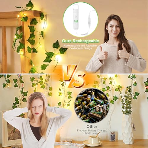 A.bigwhale Efeu Lichterketten mit Timer - Deko Frühling Innen Efeu Girlande Künstlich mit 2m 20 LED Lichterkette Akku 8 Modi USB Aufladbare Batterie, für Hochzeit Party Balkon Zimmer Aesthetic Decor